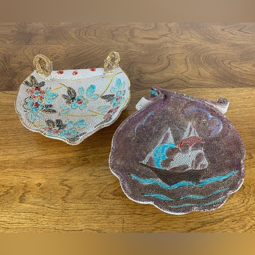 Pair Signed Italian Plates Trinket Dish Hand Painted Made Italy Flowers Boat Vtg